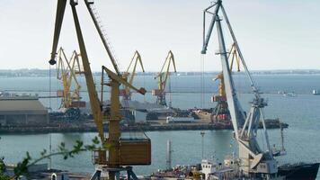 Shipping container terminal at dusk, modern harbor and global trade background video