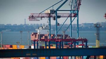Working crane bridge in shipyard, logistic import export and transport industry background video