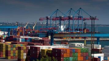 Container terminal in the harbor, busy logistics background video