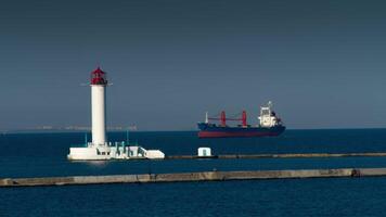 A container ship arriving in port on calm day video