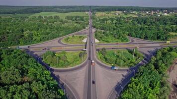 Highway and overpass with cars and trucks, interchange video