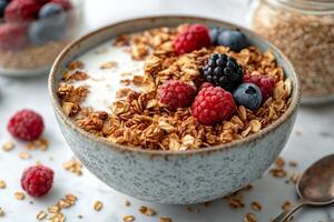 Healthy breakfast bowl with granola, fresh berries, and yogurt on a white background photo