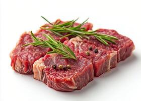 Freshly cut beef steaks with rosemary sprigs on white background photo