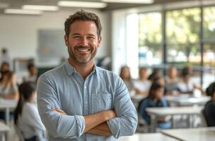 Smiling teacher in a classroom with engaged students during a sunny daytime lesson photo