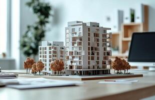 Architectural model of modern apartment buildings displayed on a desk in a design studio photo