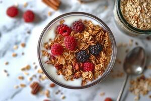 Healthy breakfast bowl with granola, fresh berries, and yogurt on a white background photo