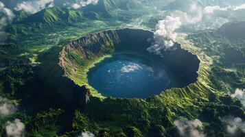 Aerial view of a vibrant volcanic crater lake surrounded by lush greenery under a clear sky photo