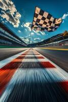 Racing flag waves over the finish line at a motorsport circuit under a bright sun photo