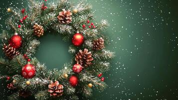 Festive holiday wreath adorned with red ornaments and pine cones against a snowy green backdrop photo