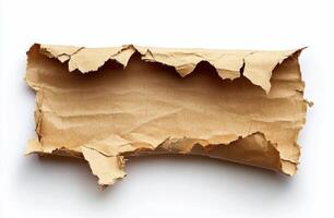 Crumpled brown paper with torn edges lying flat on a white background photo