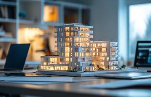 Architectural model of modern apartment buildings displayed on a desk in a design studio photo
