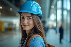 Construction professional smiling indoors with safety helmet amid greenery in bright setting photo