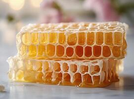 Freshly harvested honeycomb drizzled with golden honey on a clean white surface photo