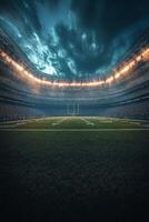 A vibrant football stadium under bright lights with an expansive green field during nighttime photo