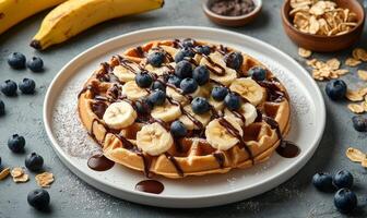 Deliciously crafted waffle topped with bananas, blueberries, and chocolate sauce on a sunny morning photo