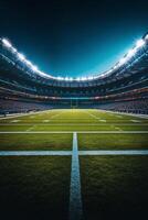 A vibrant football stadium under bright lights with an expansive green field during nighttime photo
