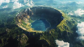 Aerial view of a vibrant volcanic crater lake surrounded by lush greenery under a clear sky photo