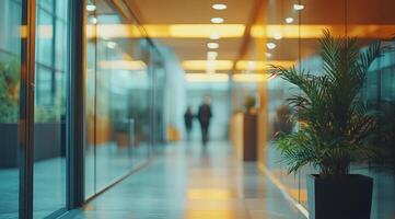 Business professional walking through bright office corridor during sunset hours photo