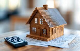 Calculating mortgage options with a model house and calculator on financial documents photo