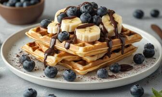 Deliciously crafted waffle topped with bananas, blueberries, and chocolate sauce on a sunny morning photo