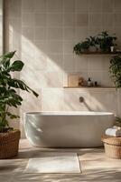 Serene bathroom oasis with a freestanding tub and lush greenery on a sunny day photo