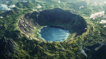 Aerial view of a vibrant volcanic crater lake surrounded by lush greenery under a clear sky photo