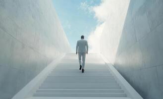 A man in a suit ascends a modern staircase in a minimalist indoor space during the day photo