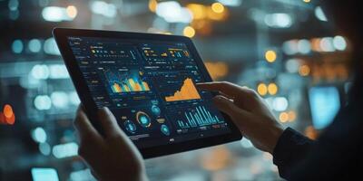 An individual analyzes stock market trends on a laptop in a city setting at night photo