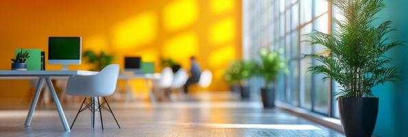 Bright modern office space with creative workstations and plants during daytime hours photo
