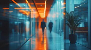 Business professional walking through bright office corridor during sunset hours photo