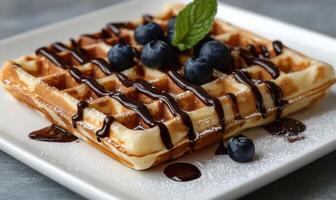 Deliciously crafted waffle topped with bananas, blueberries, and chocolate sauce on a sunny morning photo