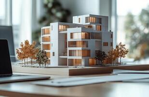 Architectural model of modern apartment buildings displayed on a desk in a design studio photo
