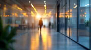 Business professional walking through bright office corridor during sunset hours photo