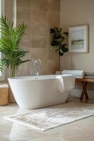 Serene bathroom oasis with a freestanding tub and lush greenery on a sunny day photo