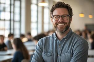 Smiling teacher in a classroom with engaged students during a sunny daytime lesson photo
