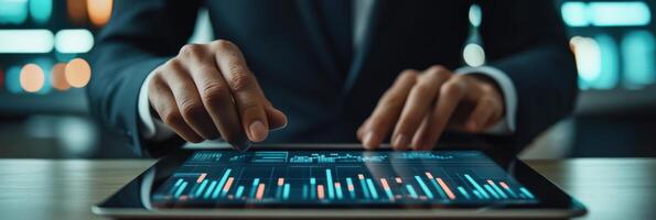 Business professional analyzing data trends on a tablet in a modern office setting at night photo