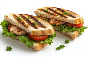 Grilled chicken sandwich with lettuce and tomato served on toasted bread during lunchtime photo