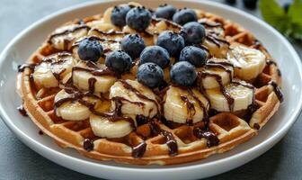 Deliciously crafted waffle topped with bananas, blueberries, and chocolate sauce on a sunny morning photo