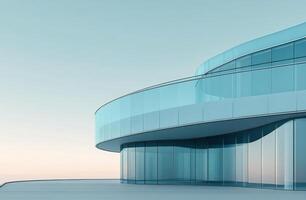 Modern glass building with curved design overlooking a clear blue sky in an urban setting photo