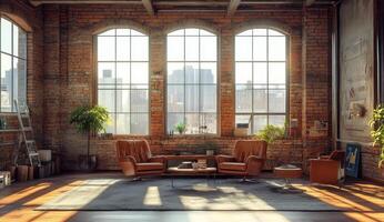 Modern lounge area with leather seating and natural light in an urban setting during daytime photo