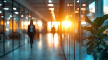 Business professional walking through bright office corridor during sunset hours photo