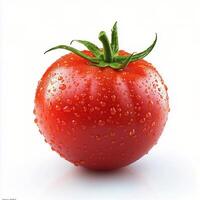 Freshly washed red tomato with droplets on white background showcasing its vibrant color photo