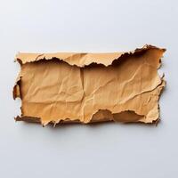A vintage piece of torn brown paper with rugged edges and crumpled texture lying flat photo