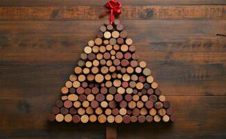 Creative Christmas tree made of wine corks arranged on a wooden background with a festive bow photo