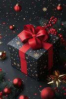 Elegant Christmas gift wrapped in dark paper with gold accents, surrounded by festive decorations photo