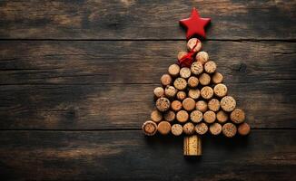 Creative cork Christmas tree made from wine corks with a red star decoration photo