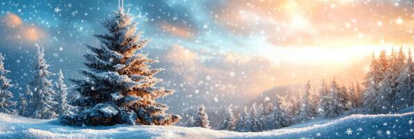 Winter landscape featuring a snow covered forest and a lone tree at sunset photo