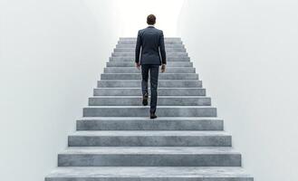 A man in a suit ascends a modern staircase in a minimalist indoor space during the day photo