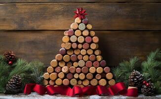 Creative Christmas tree made of wine corks arranged on a wooden background with a festive bow photo