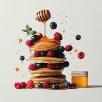 Delicious stack of pancakes topped with honey and fresh berries on a minimalist background photo